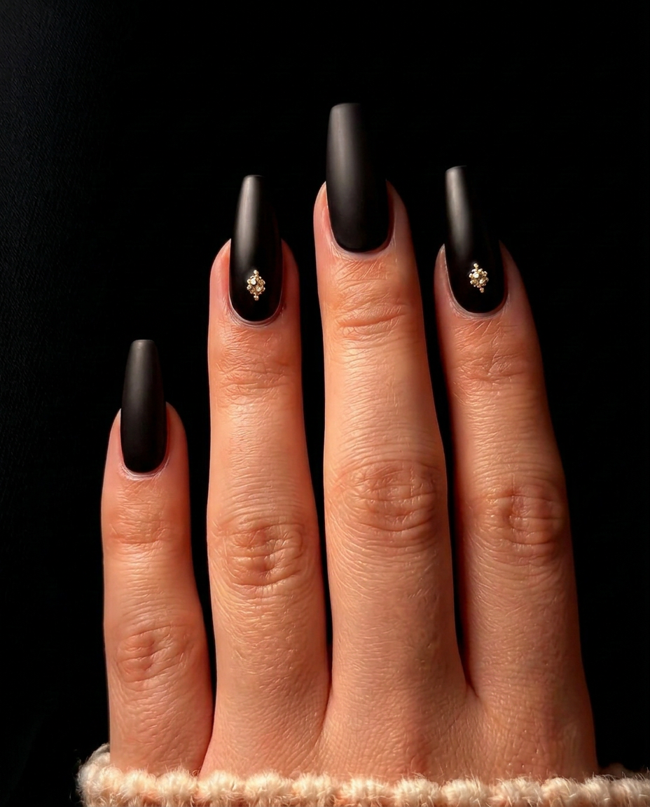 Quatre ongles ballerine noirs extra-longs ornés de bijoux champagne